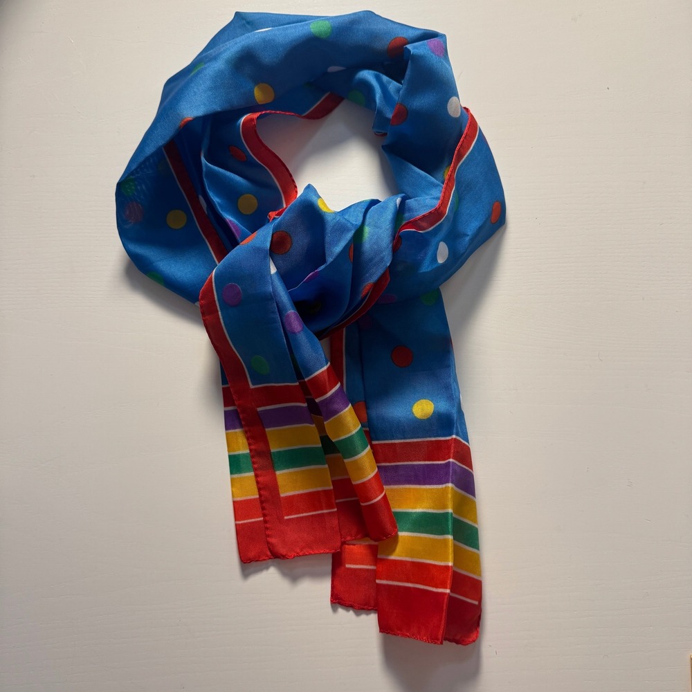 Vtg 70s Rainbow Stripe Polka Dot Blue Silky Rectangular Head Scarf Tie Dopamine